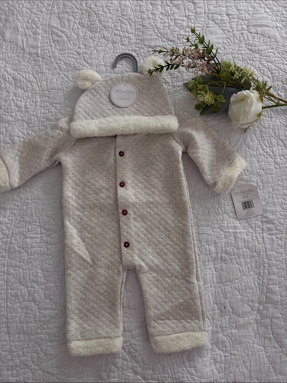 Neutral Cream Quilted Baby onesie with Hat - Cozy button Front